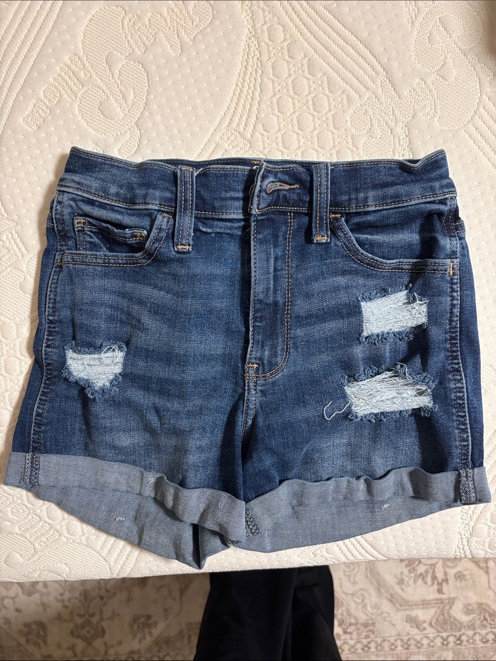 Hollister Distressed Rolled-Hem Denim Shorts - Dark Blue